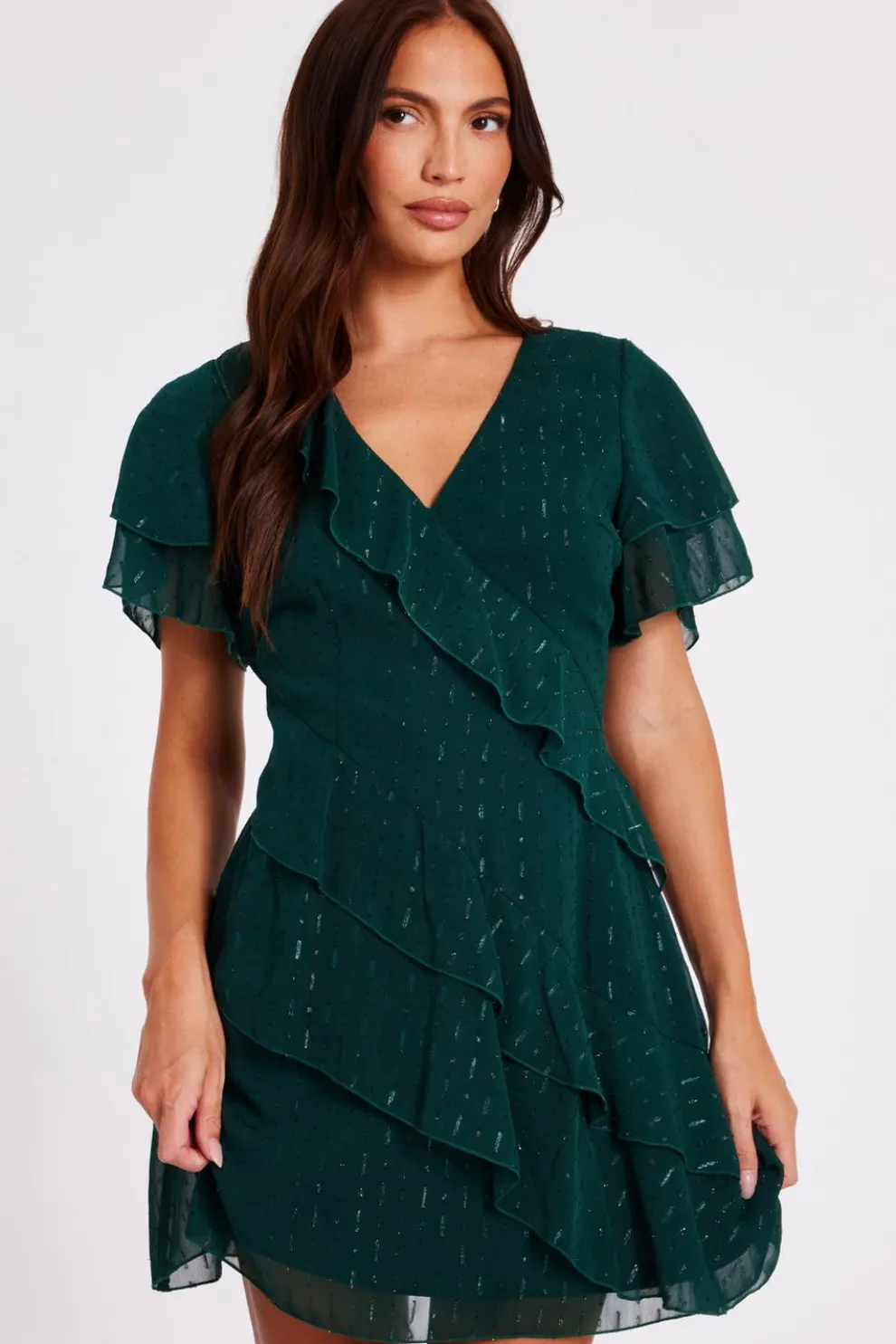 Bottle Green Chiffon Ruffle Mini Dress