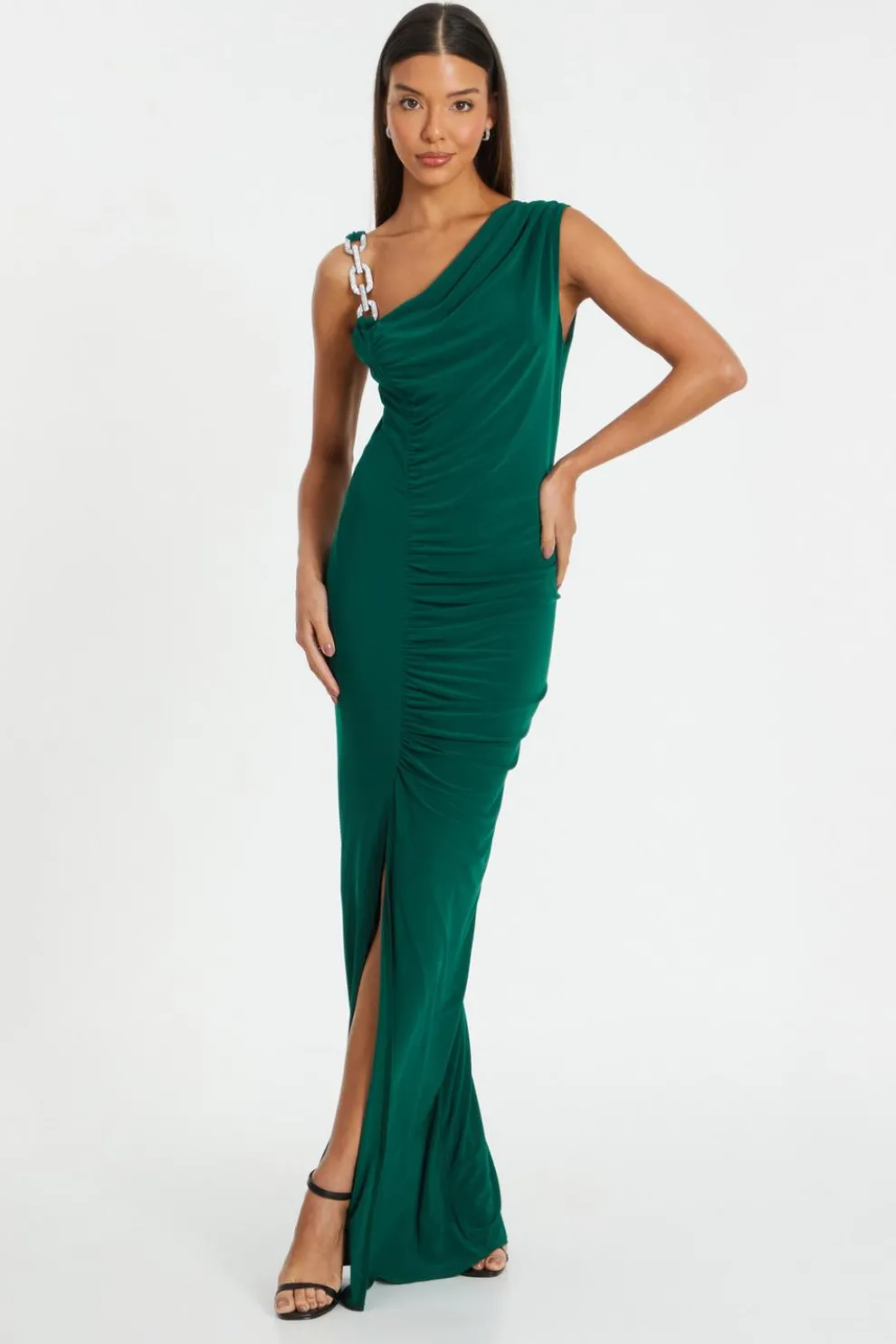 Bottle Green Diamante Trim Maxi Dress