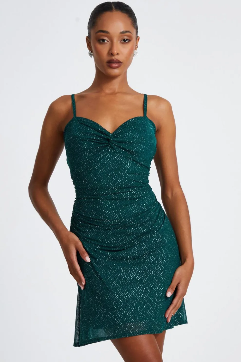Bottle Green Glitter Mesh Mini Dress