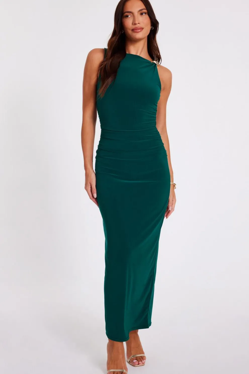 Bottle Green Gold Buckle Midaxi Dress