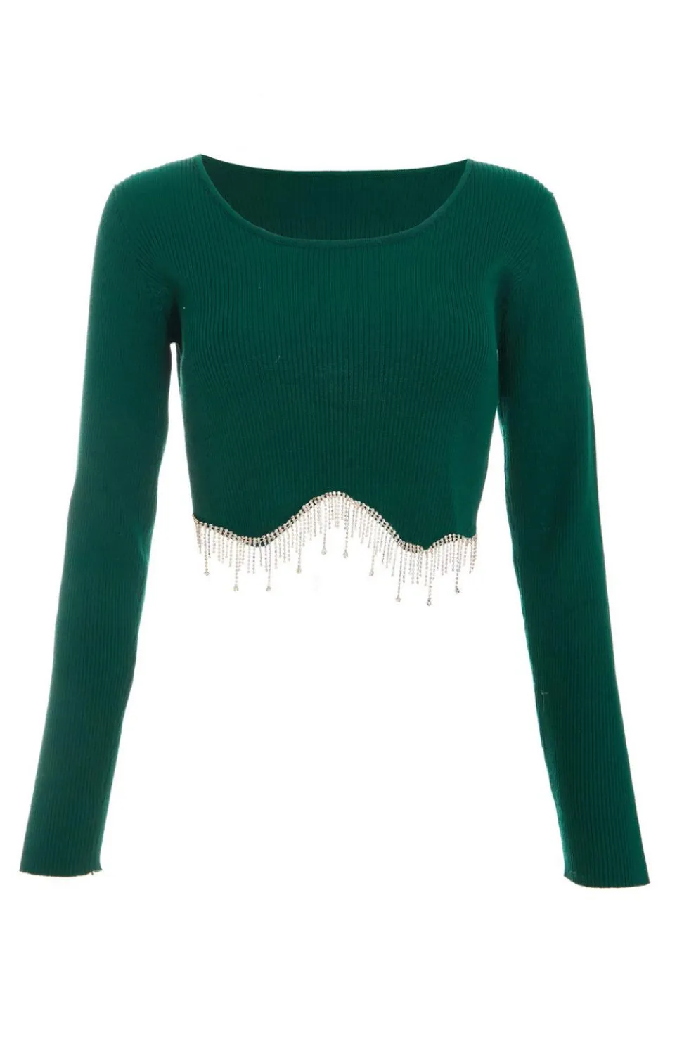Bottle Green Knit Diamante Crop Top