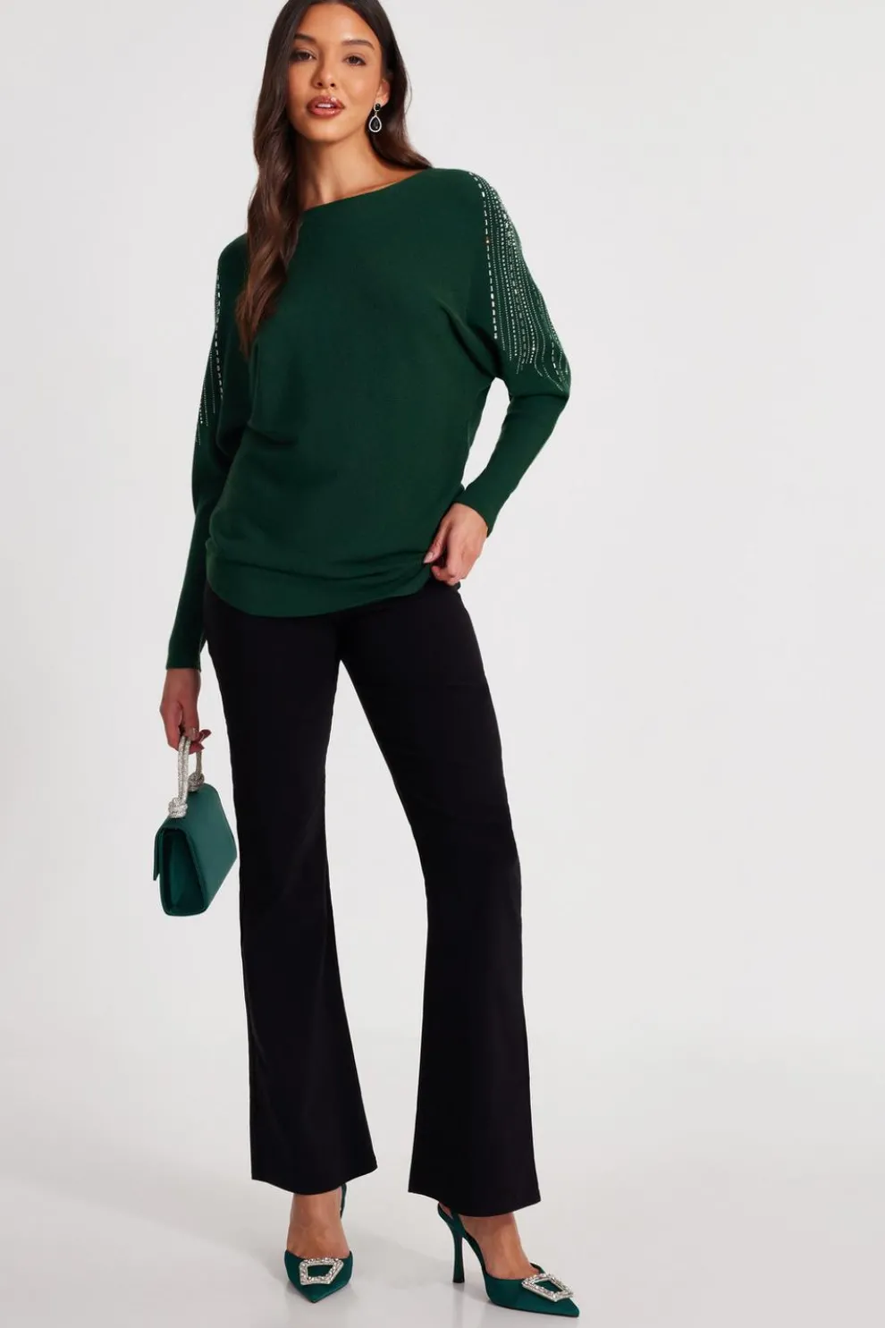 Bottle Green Knitted Diamante Jumper