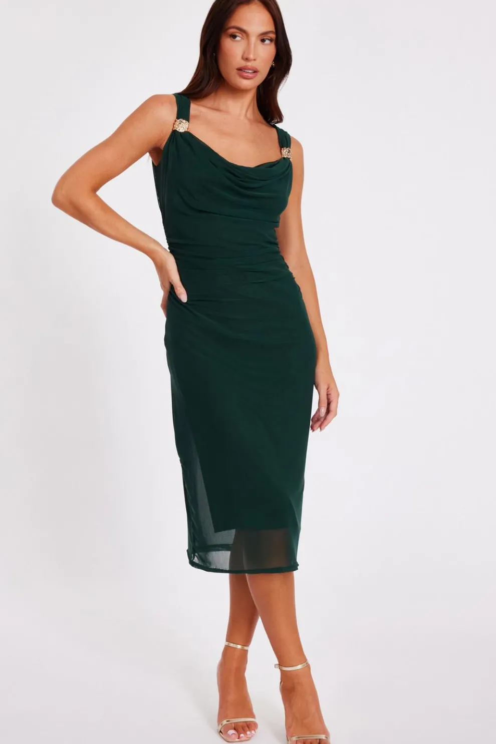 Bottle Green Mesh Buckle Detail Midi Dress