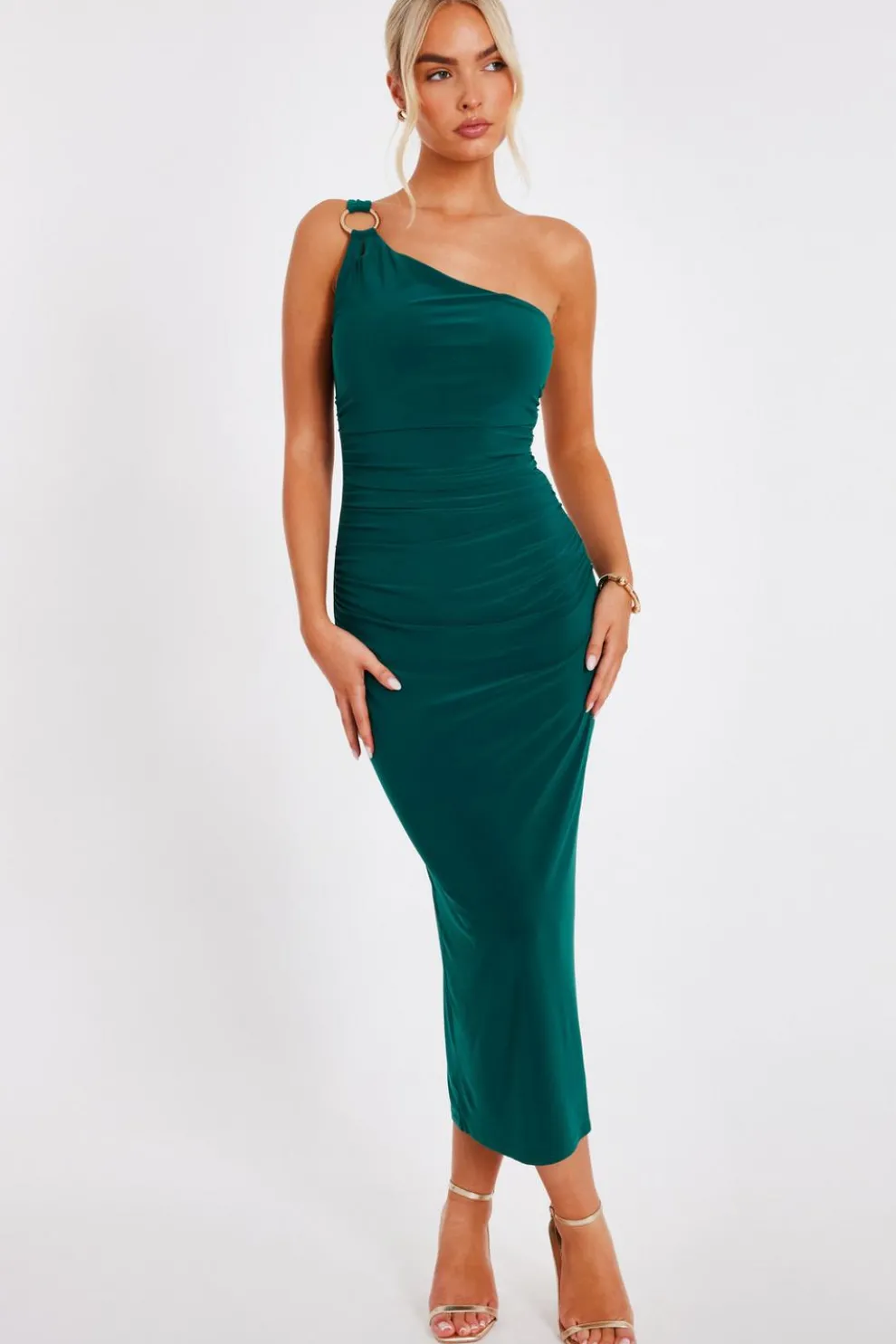 Bottle Green One Shoulder Midaxi Dress