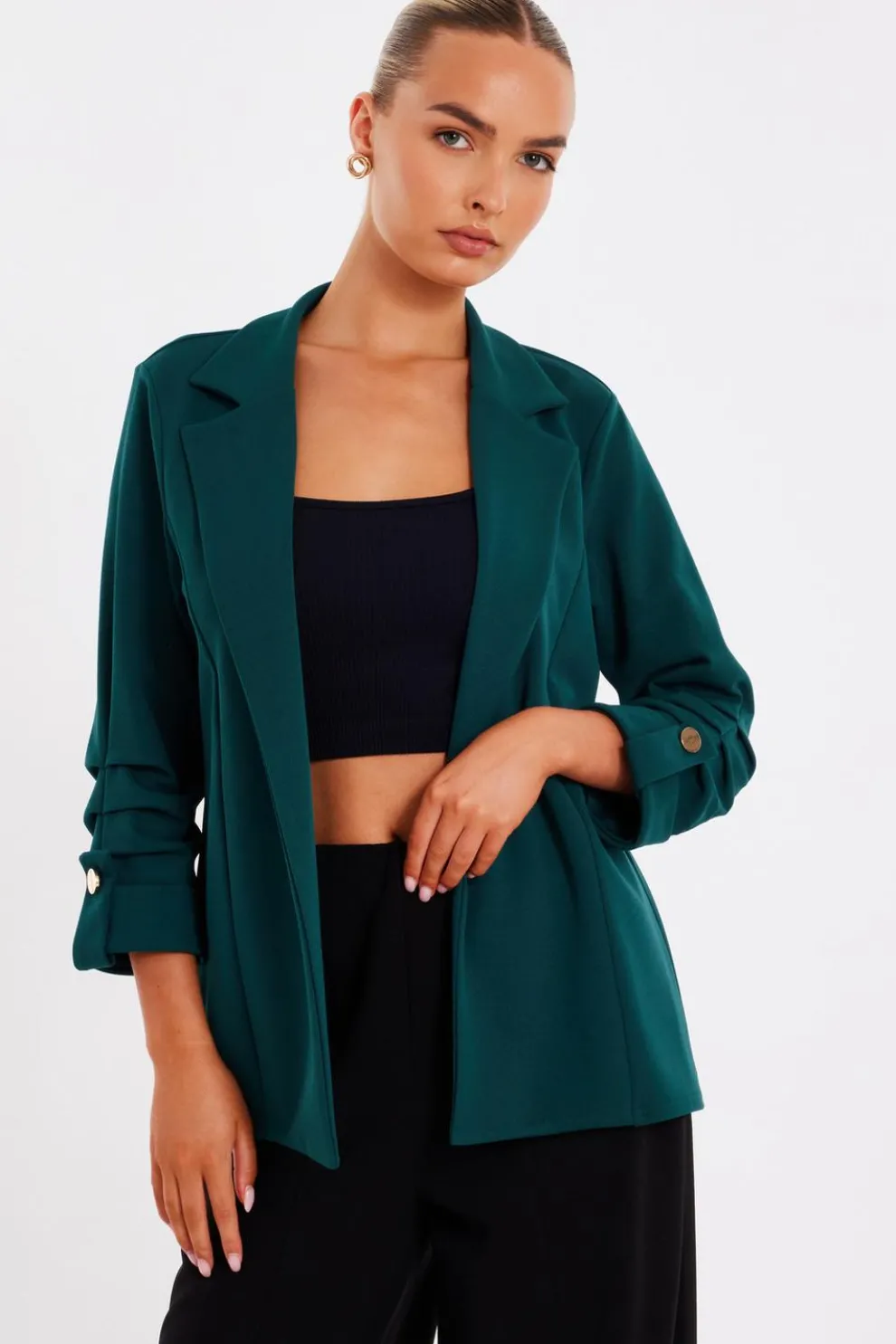 Bottle Green Ruched Sleeve Blazer