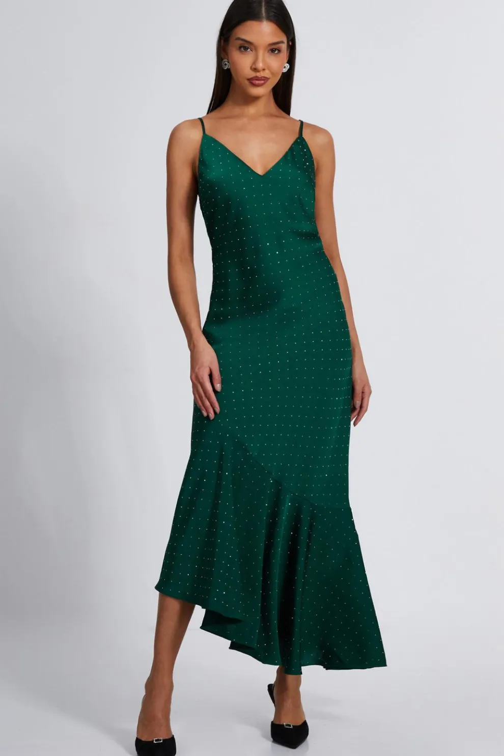 Bottle Green Satin Asymmetric Midaxi Dress