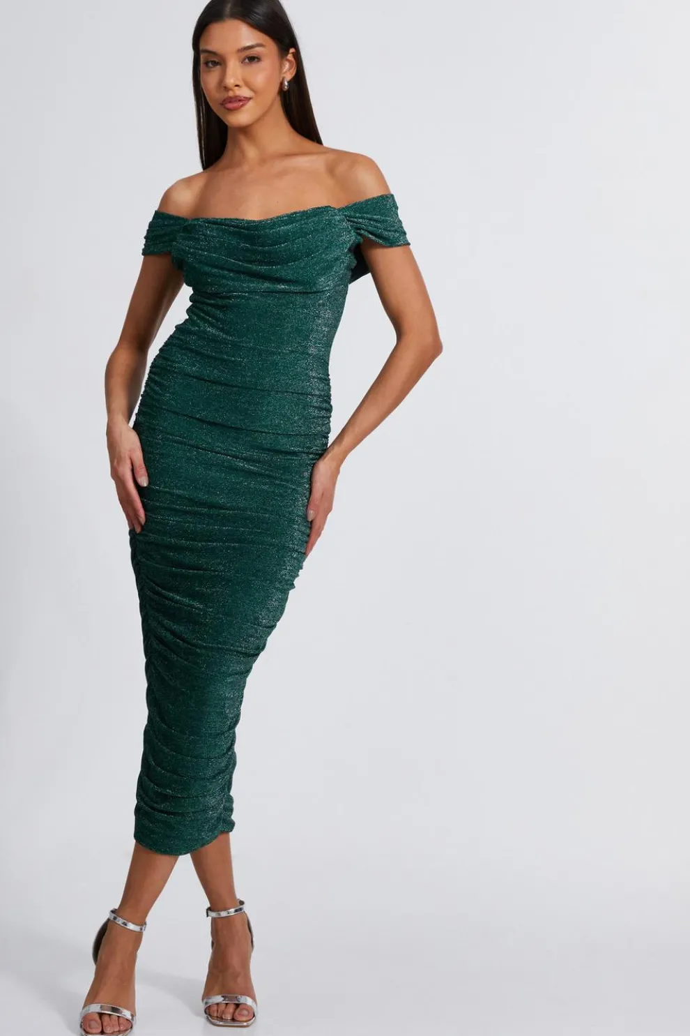 Bottle Green Shimmer Bardot Ruched Midi Dress