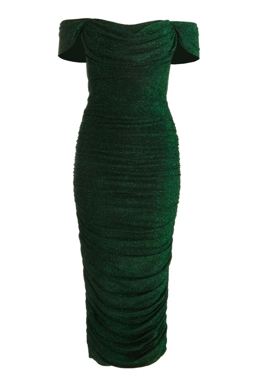 Bottle Green Shimmer Bardot Ruched Midi Dress