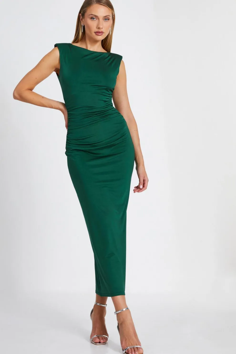 Bottle Green Shoulder Pad Midaxi Dress