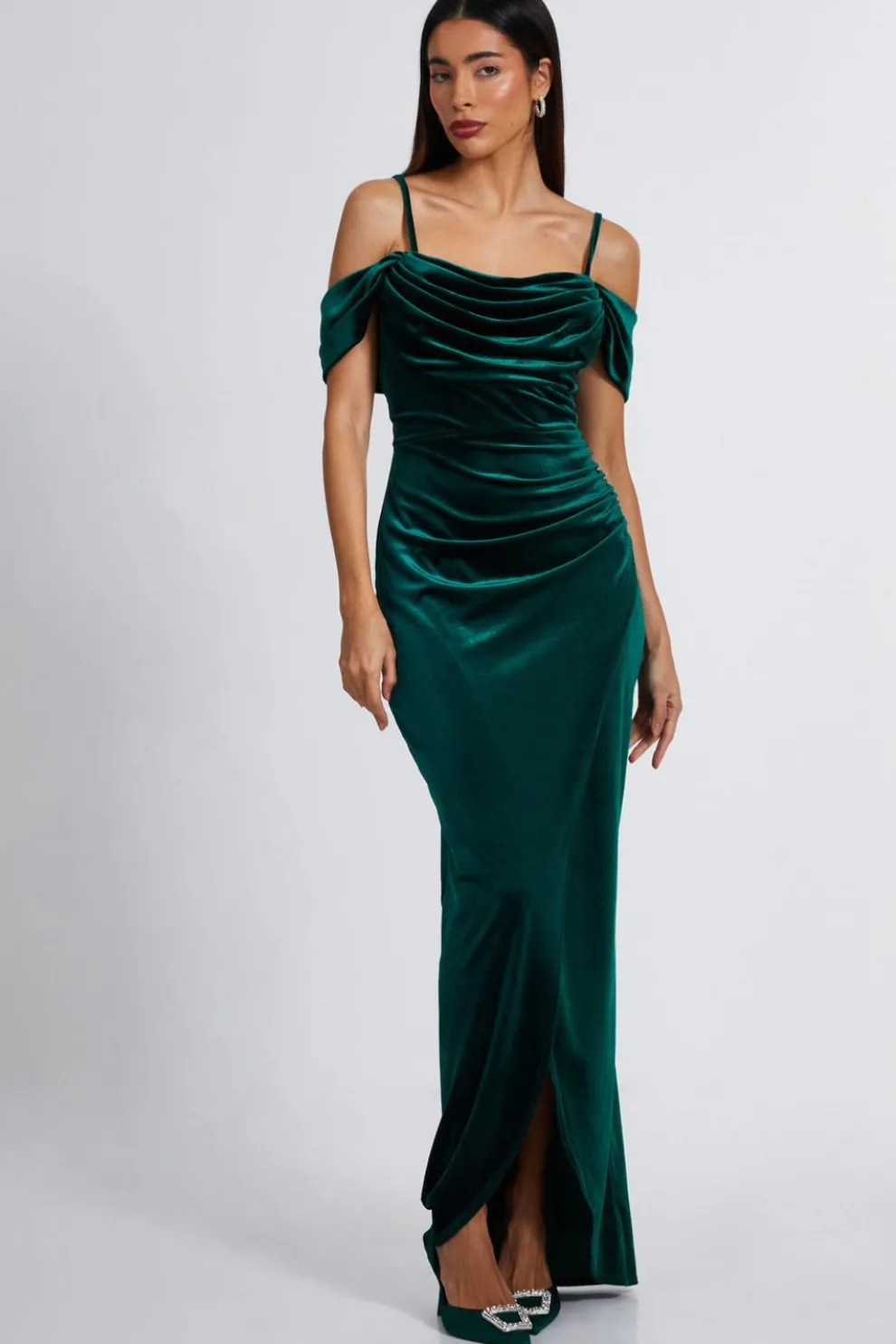 Bottle Green Velvet Cowl Neck Maxi Dress