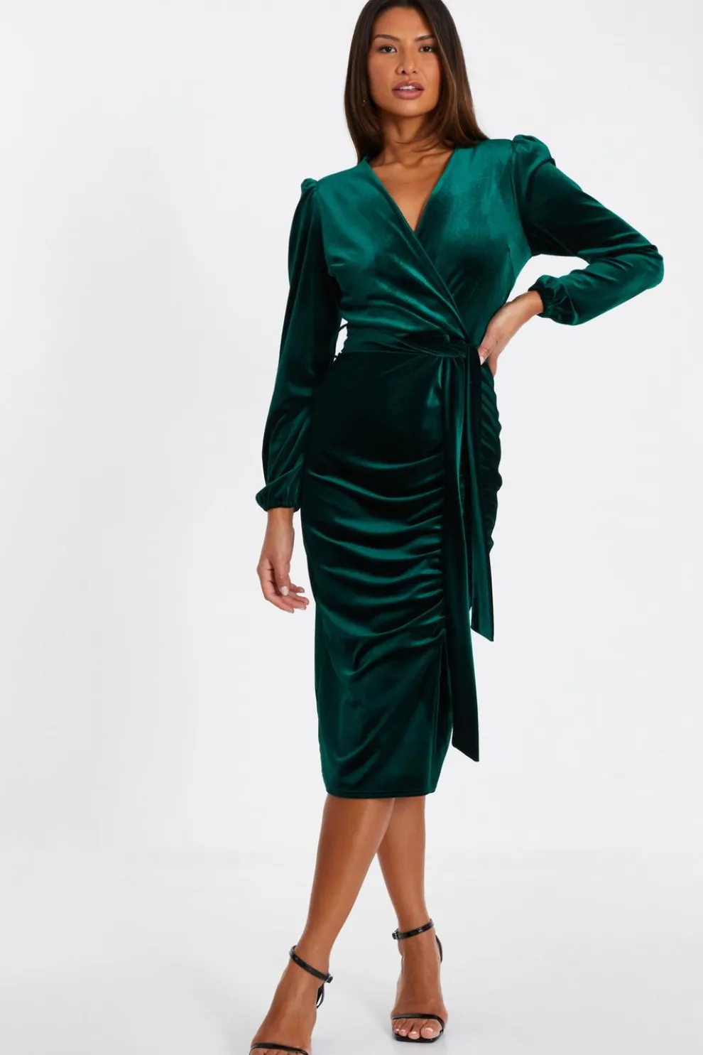 Bottle Green Velvet Ruched Midi Dress