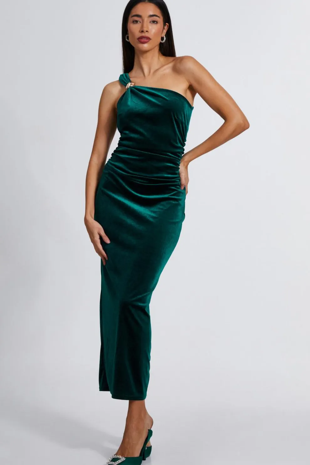 Bottle Green Velvet One Shoulder Midaxi Dress