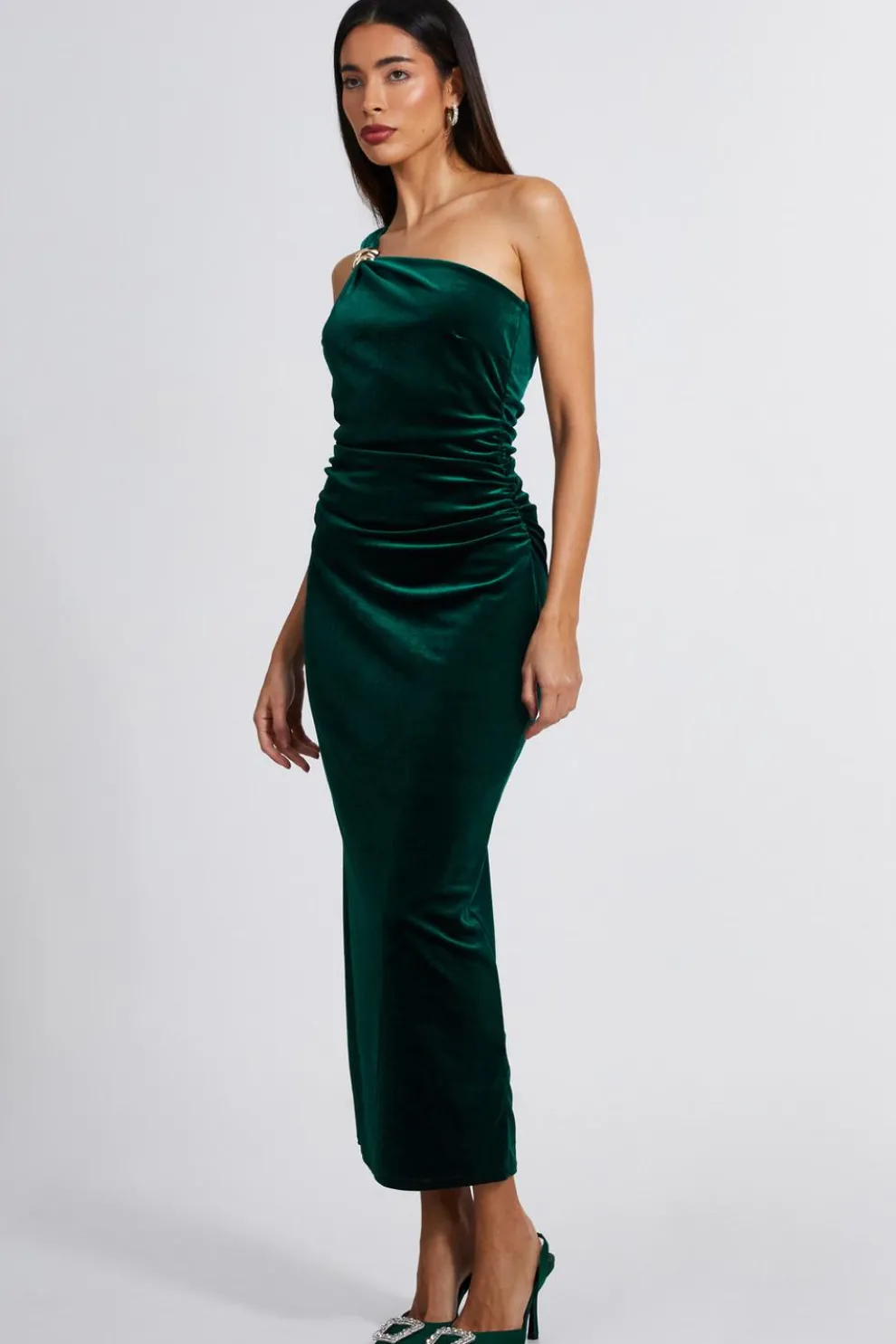 Bottle Green Velvet One Shoulder Midaxi Dress