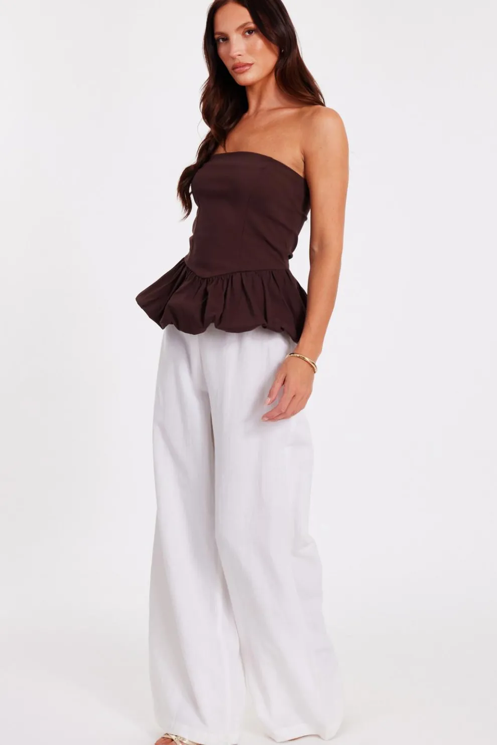 Brown Bandeau Bubble Hem Top