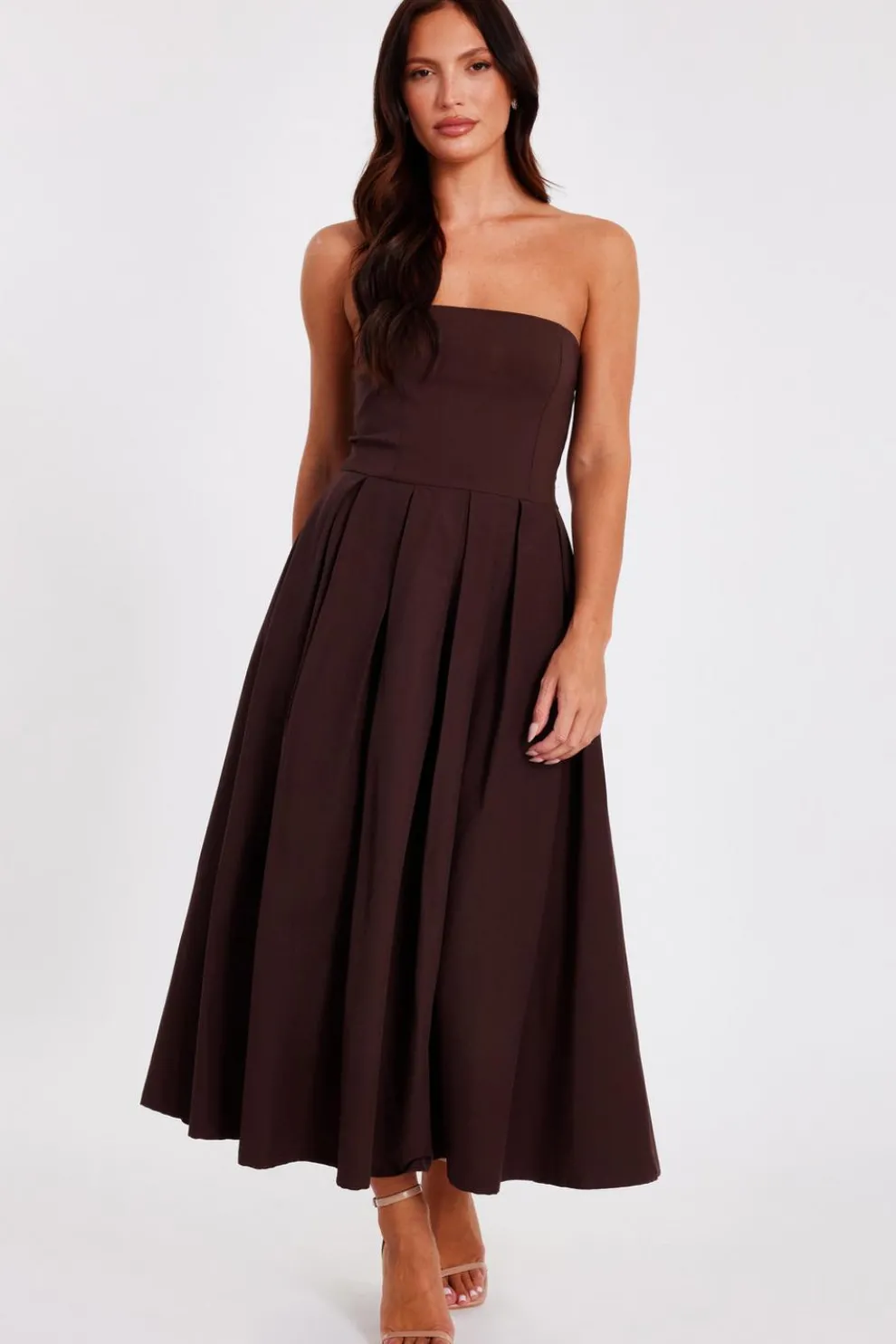 Brown Bandeau Midi Dress