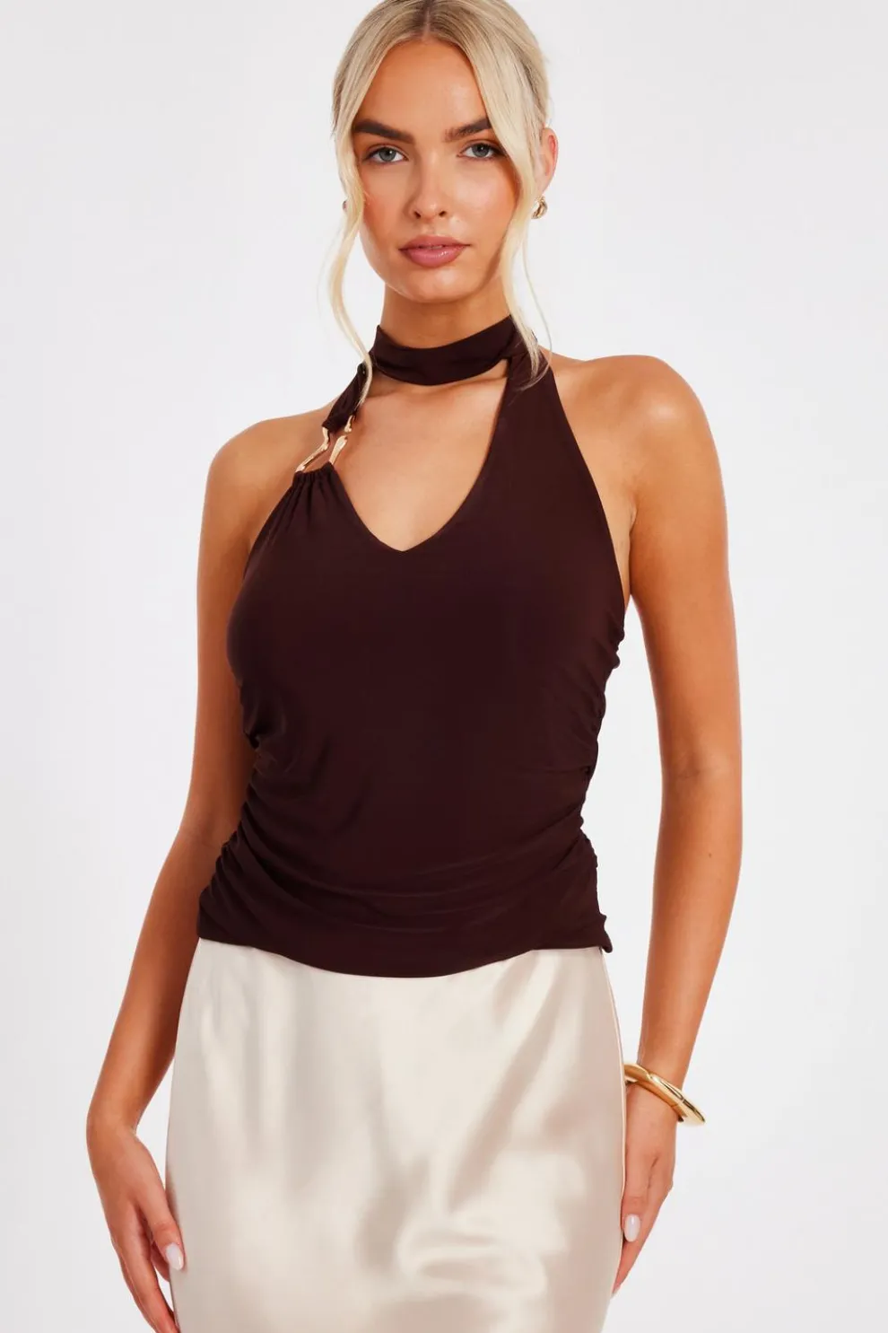 Brown Buckle Halter Neck Top