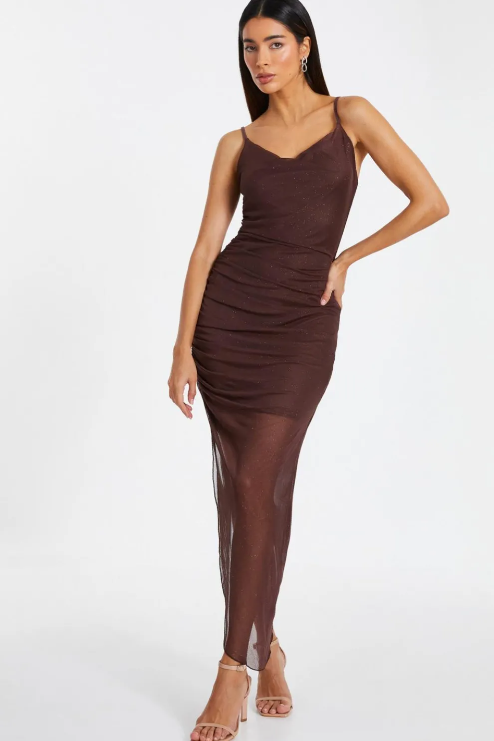 Brown Glitter Mesh Midaxi Dress