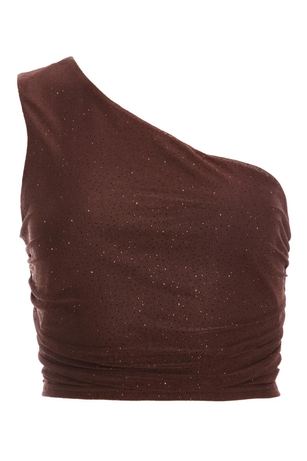 Brown Glitter Mesh One Shoulder Crop Top