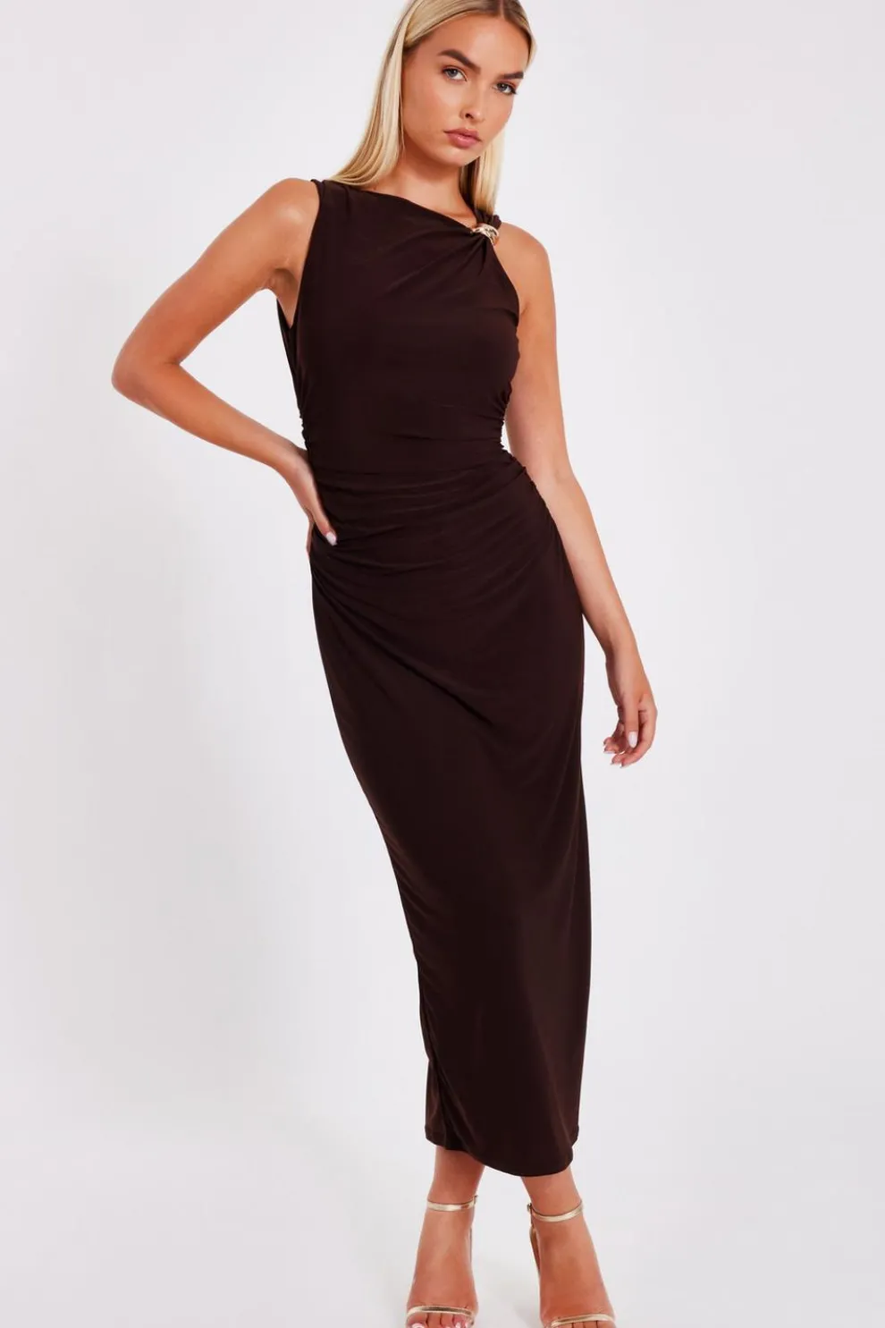 Brown Gold Buckle Midaxi Dress