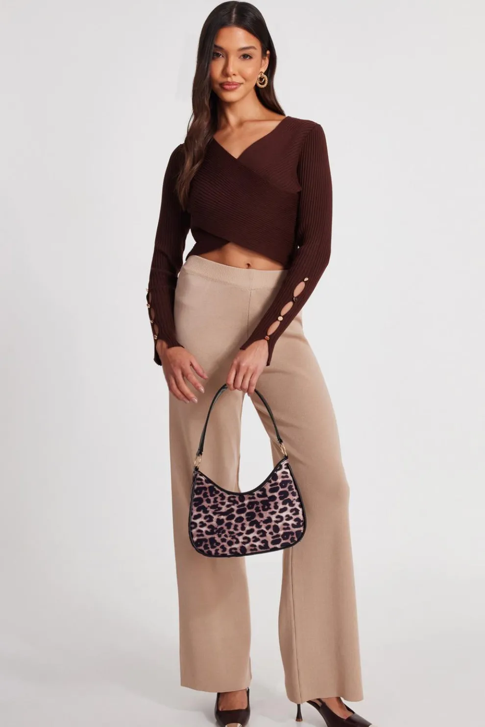 Brown Knit Crossover Cropped Jumper