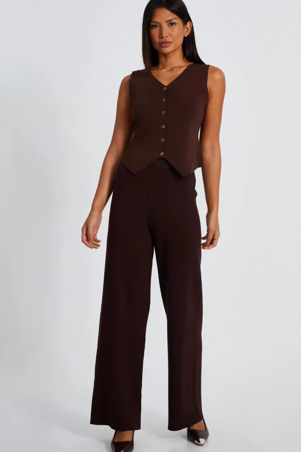 Brown Knit Wide Leg Trousers