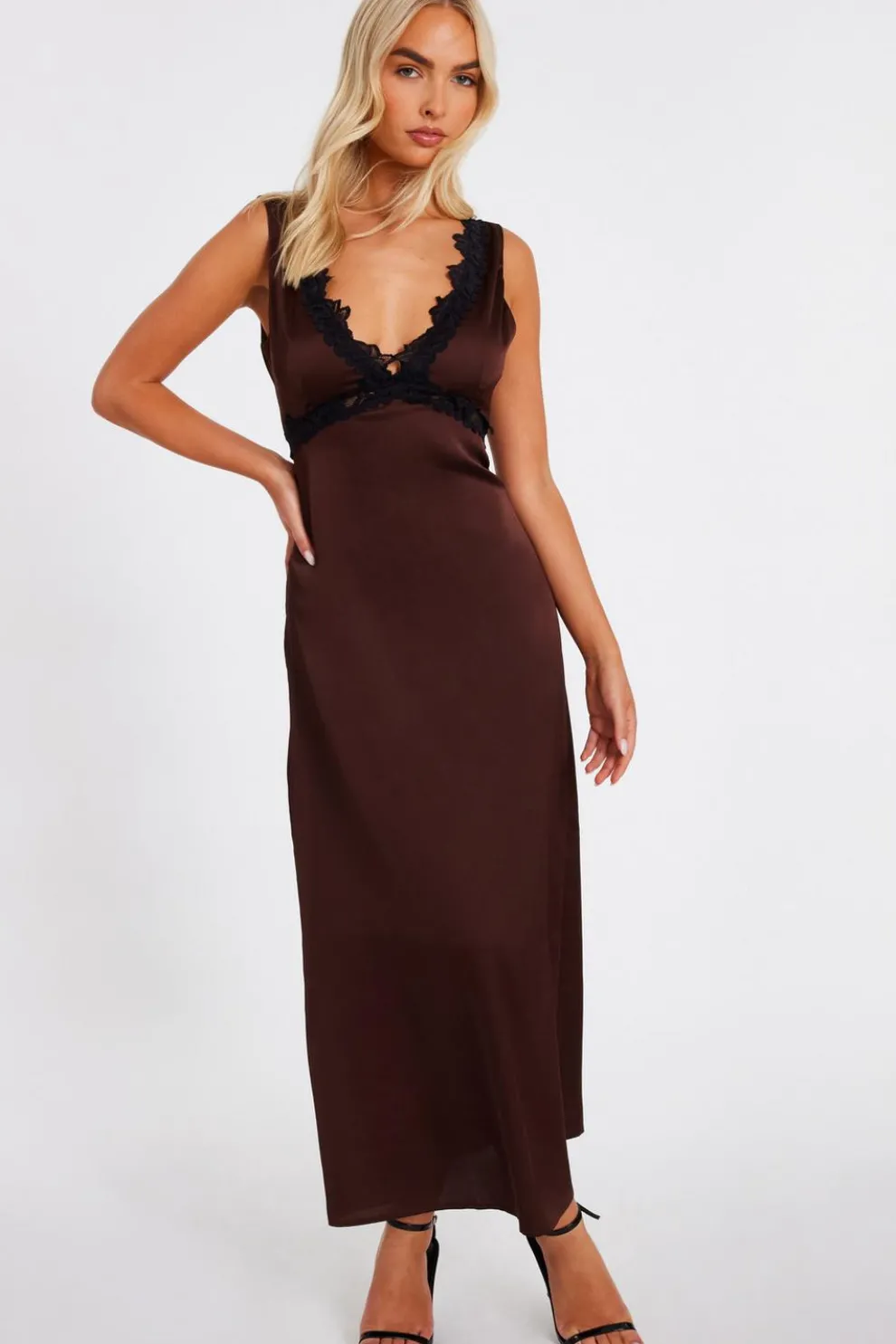 Brown Lace Trim Midaxi Dress