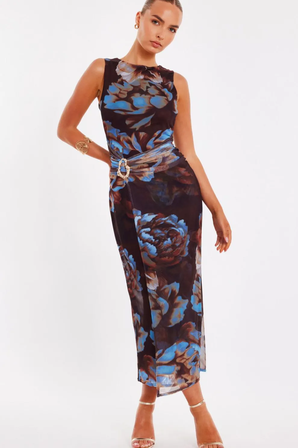 Brown Mesh Floral Midaxi Dress
