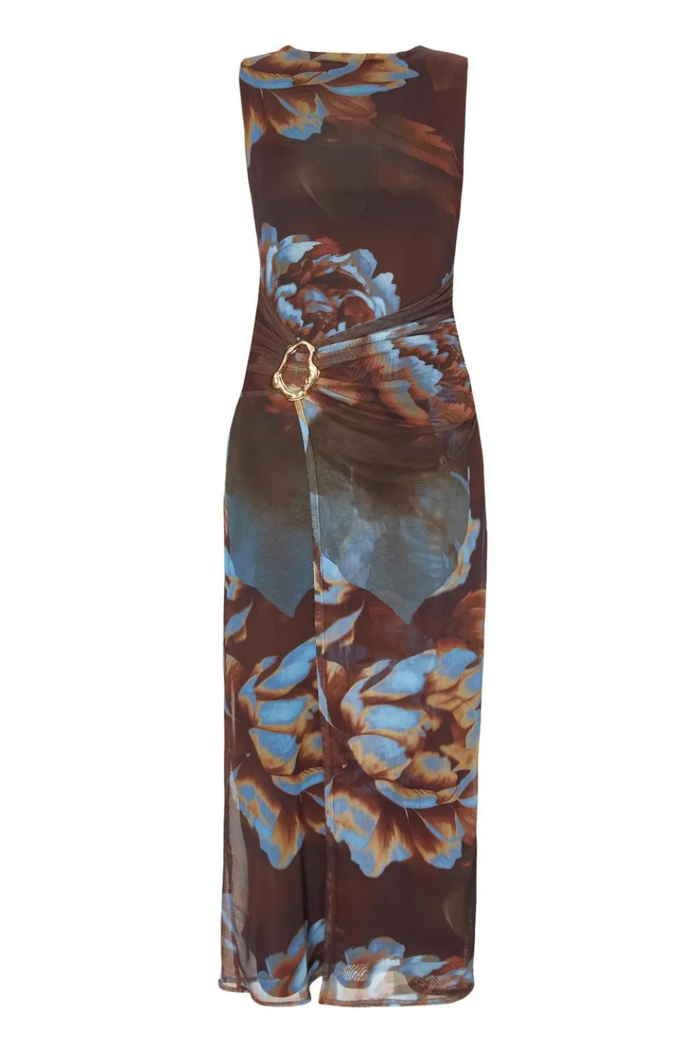 Brown Mesh Floral Midaxi Dress