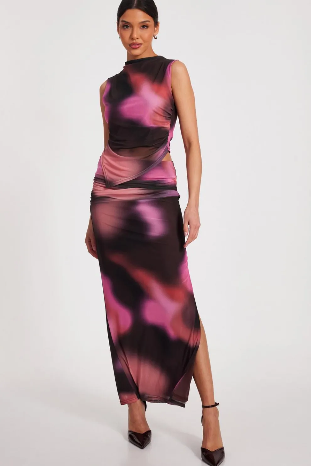 Brown Mesh Marble Print Maxi Skirt