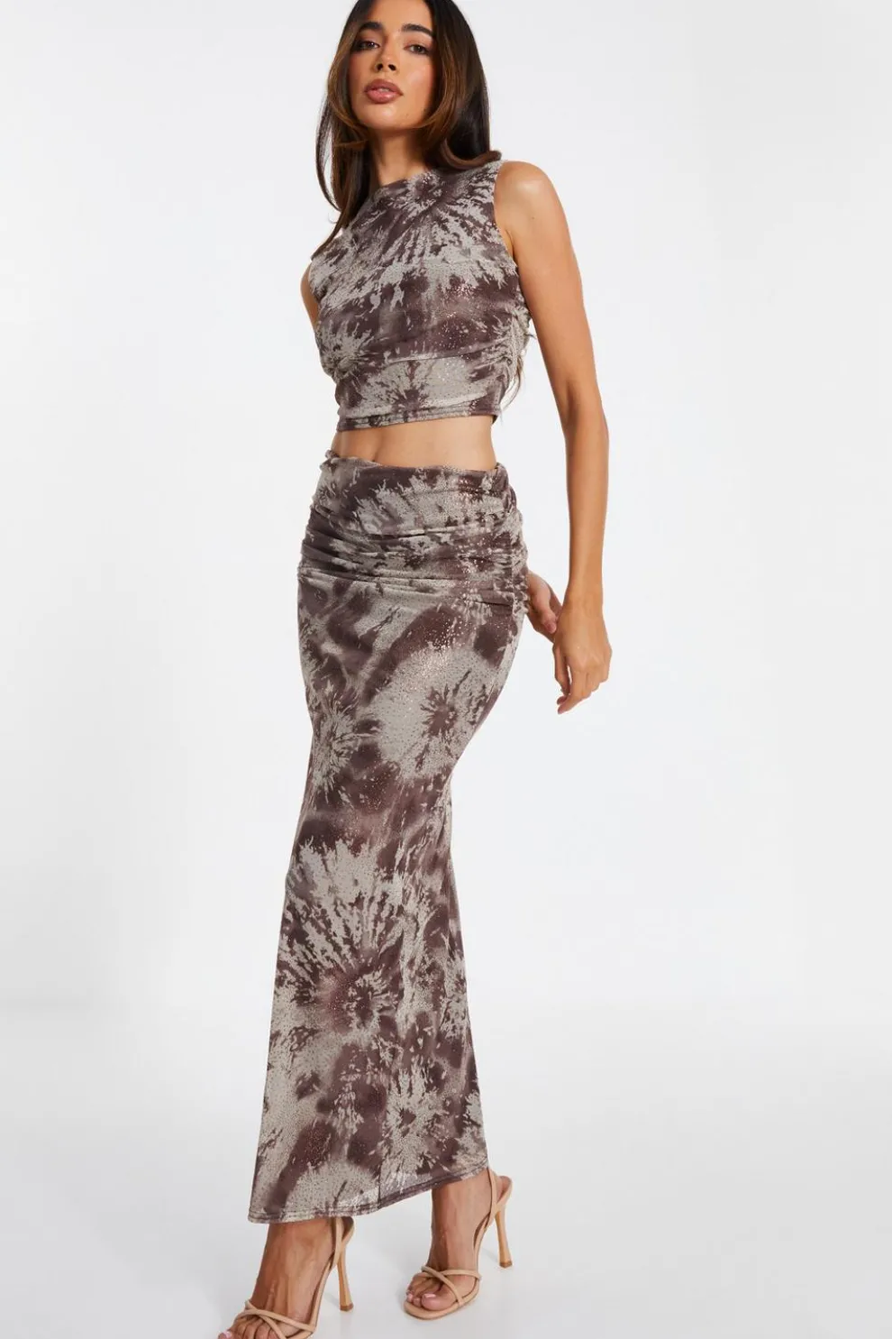Brown Mesh Marble Print Midaxi Skirt