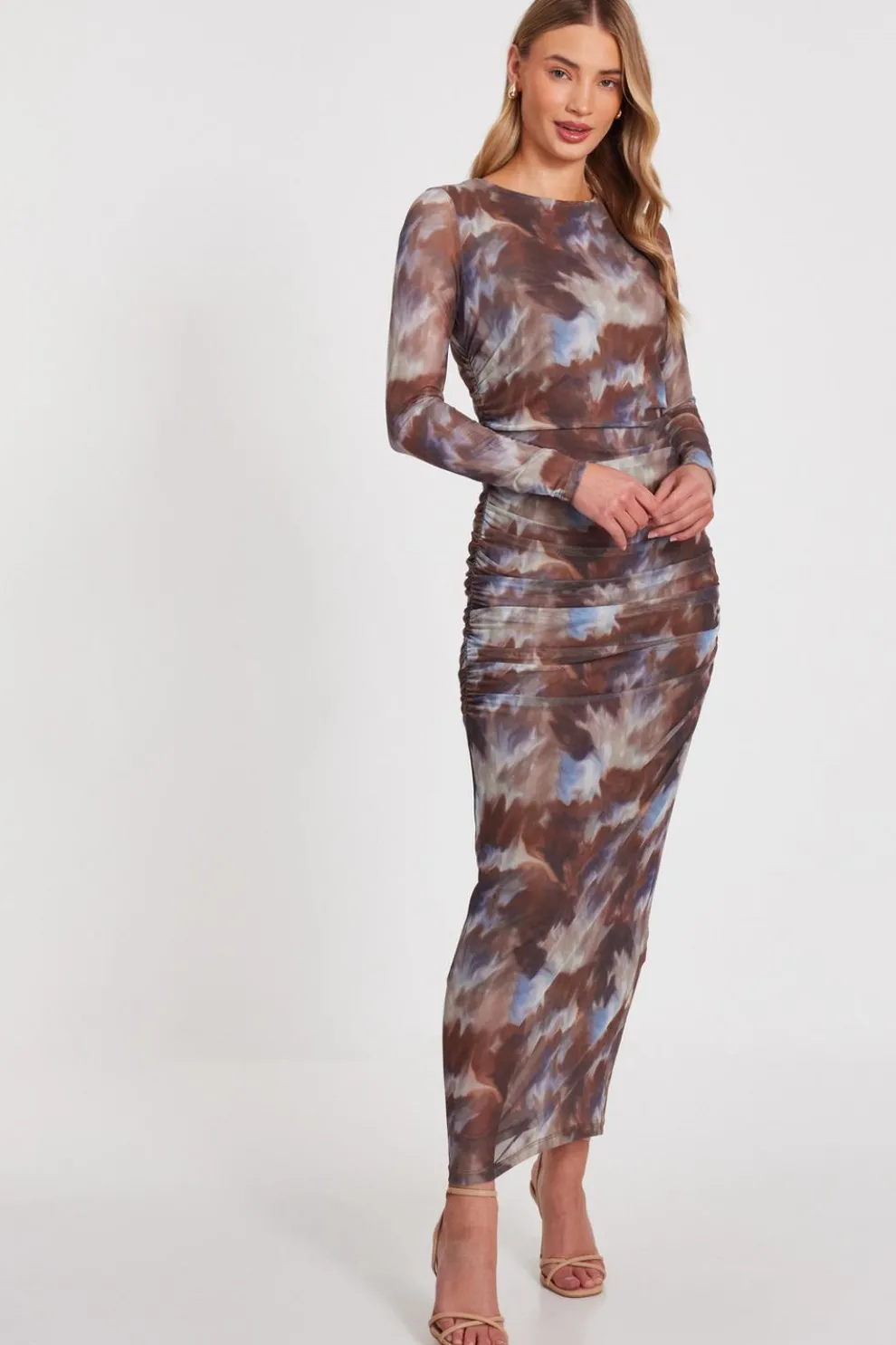 Brown Mesh Printed Midaxi Dress