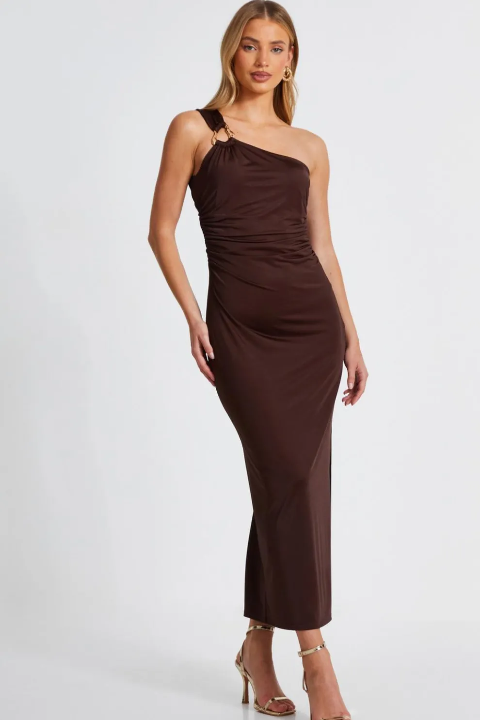 Brown One Shoulder Midaxi Dress