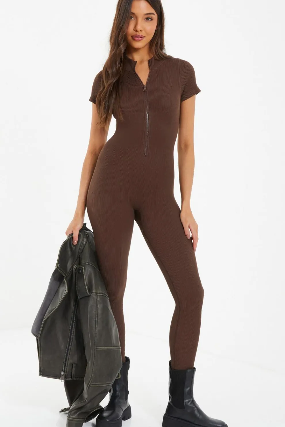 Brown Seamless Zip Jumpsuit