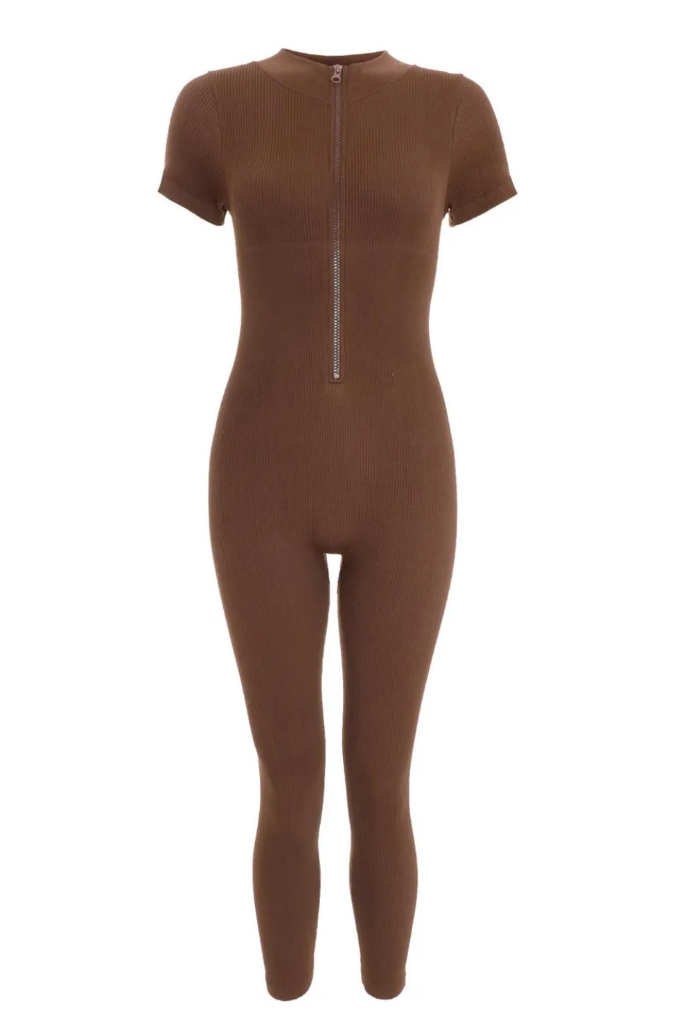 Brown Seamless Zip Jumpsuit