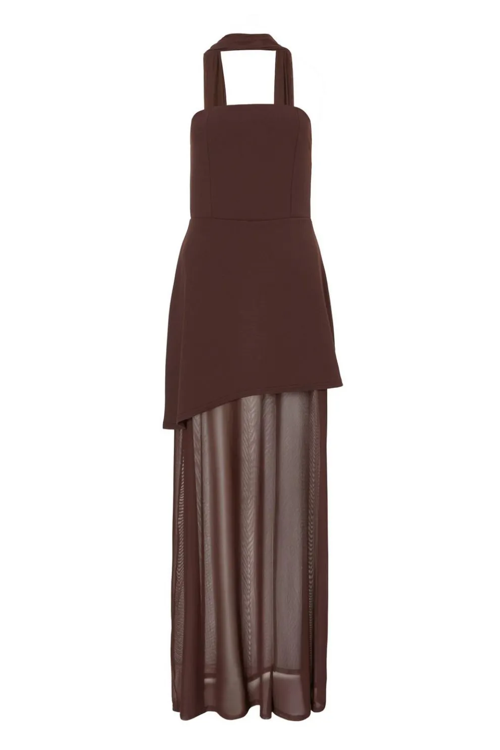 Brown Strapless Mesh Hem Maxi Dress