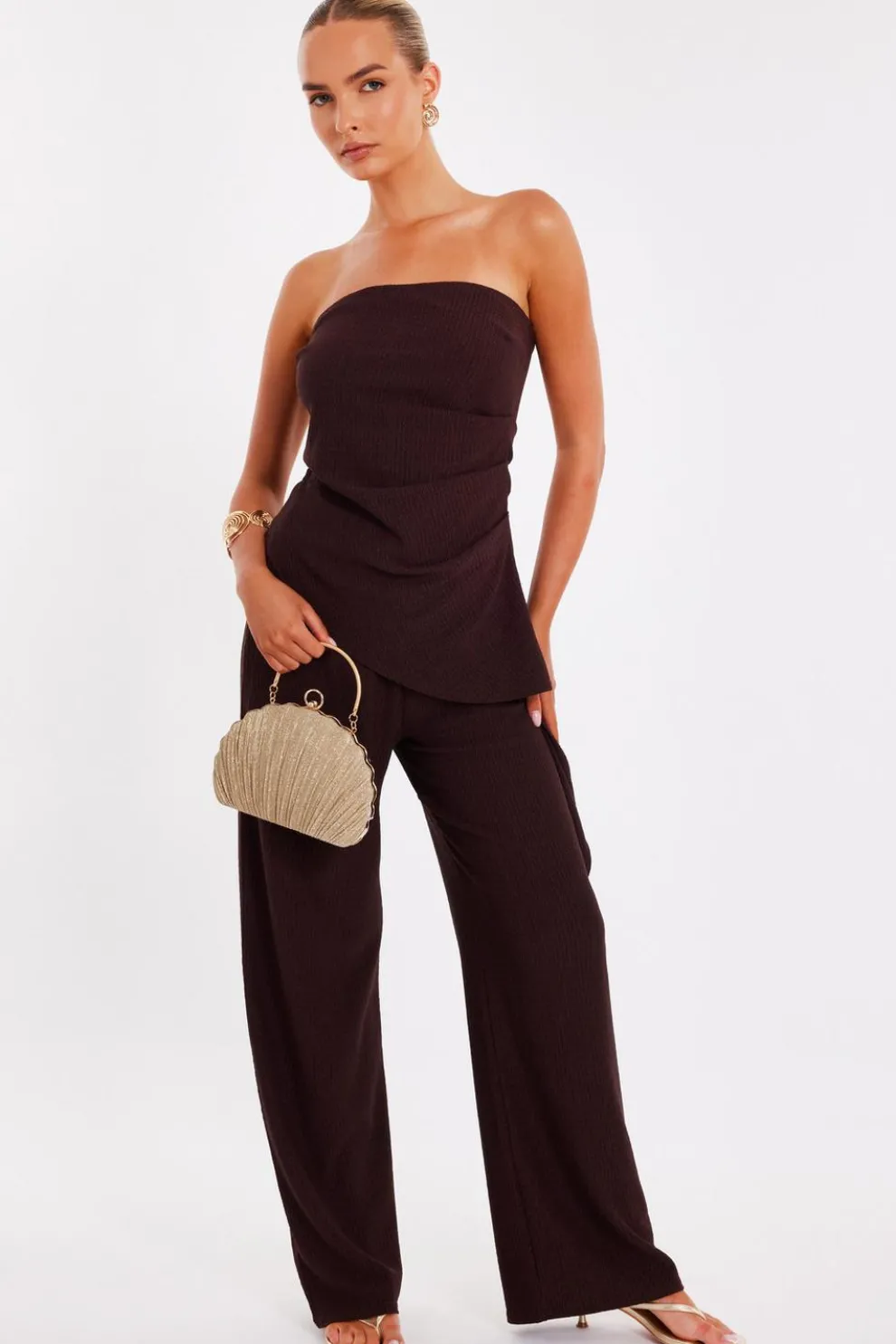 Brown Textured Palazzo Trousers