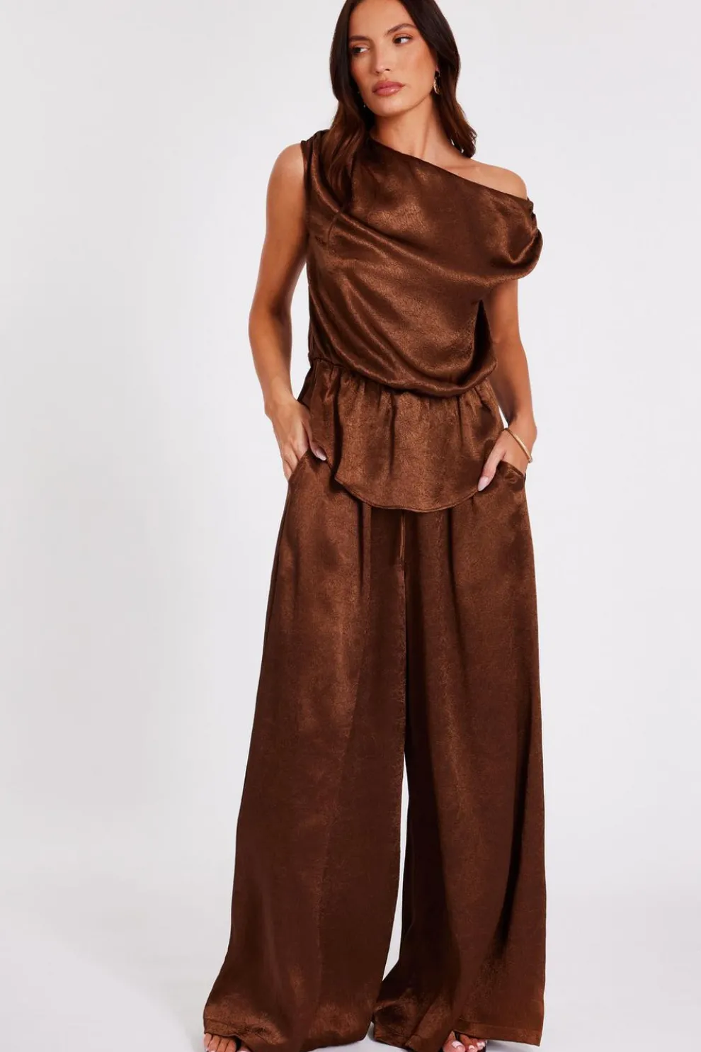 Brown Textured Satin Palazzo Trousers