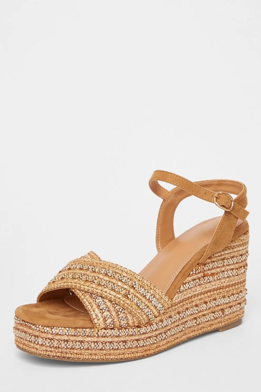 Camel Cross Strap Embellished Wedges