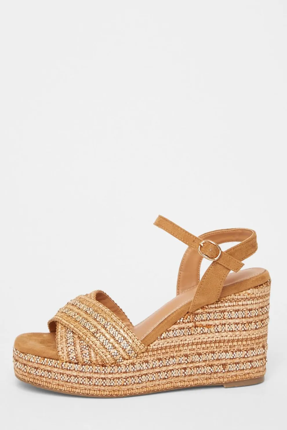 Camel Cross Strap Embellished Wedges
