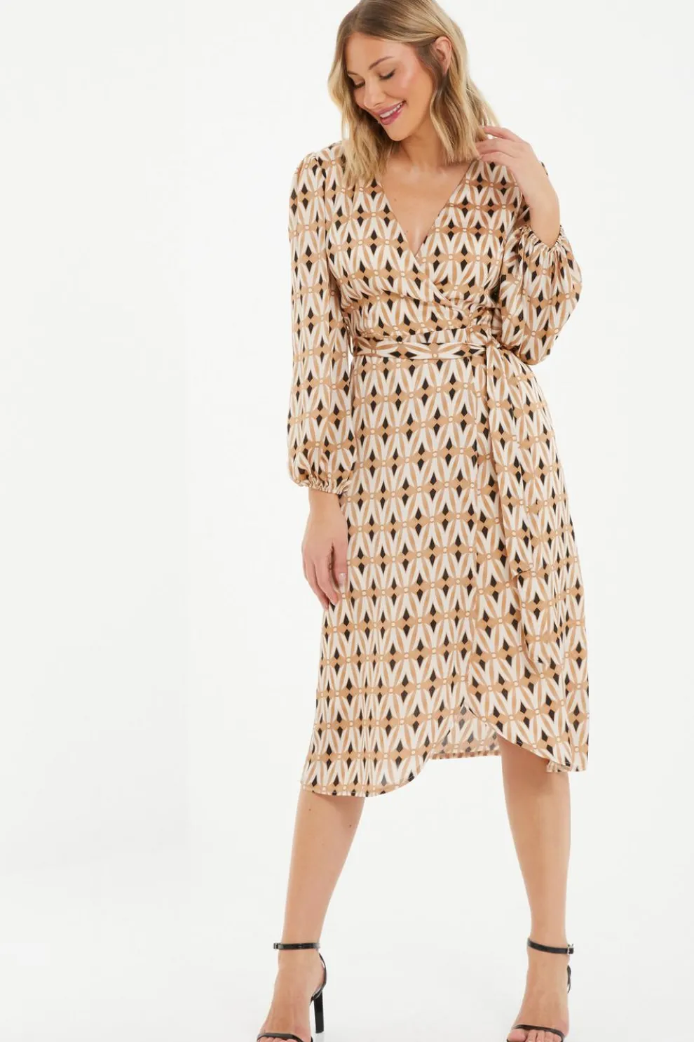 Camel Geometric Print Wrap Midi Dress