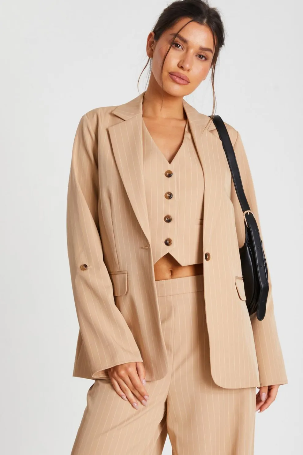 Camel Pinstripe Ruched Sleeve Blazer