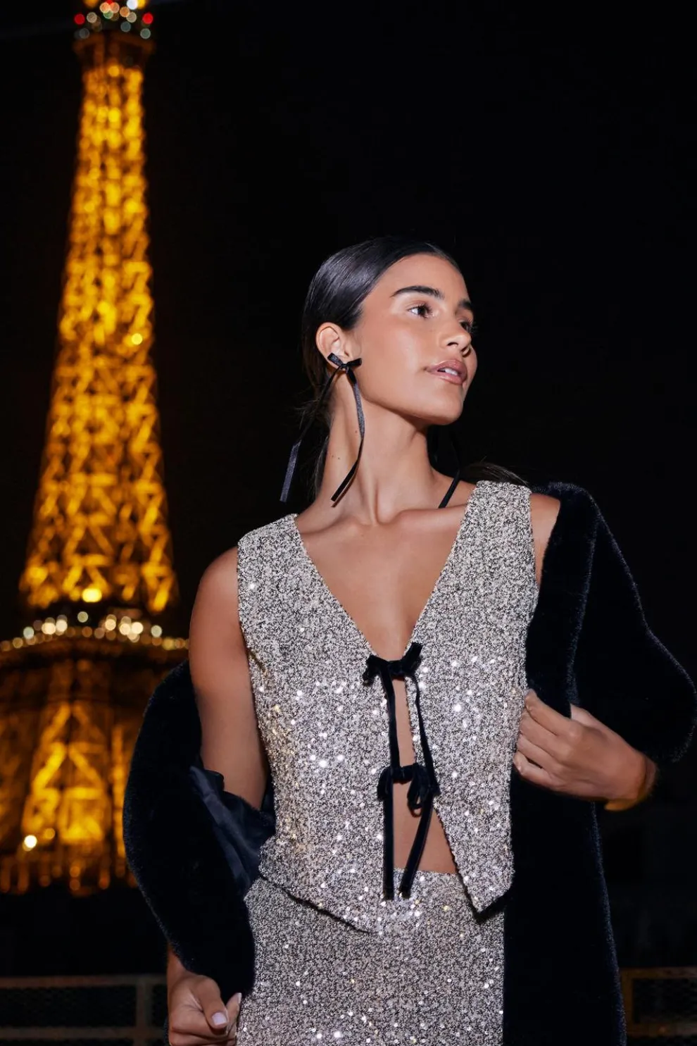 Champagne Sequin Tie Front Waistcoat