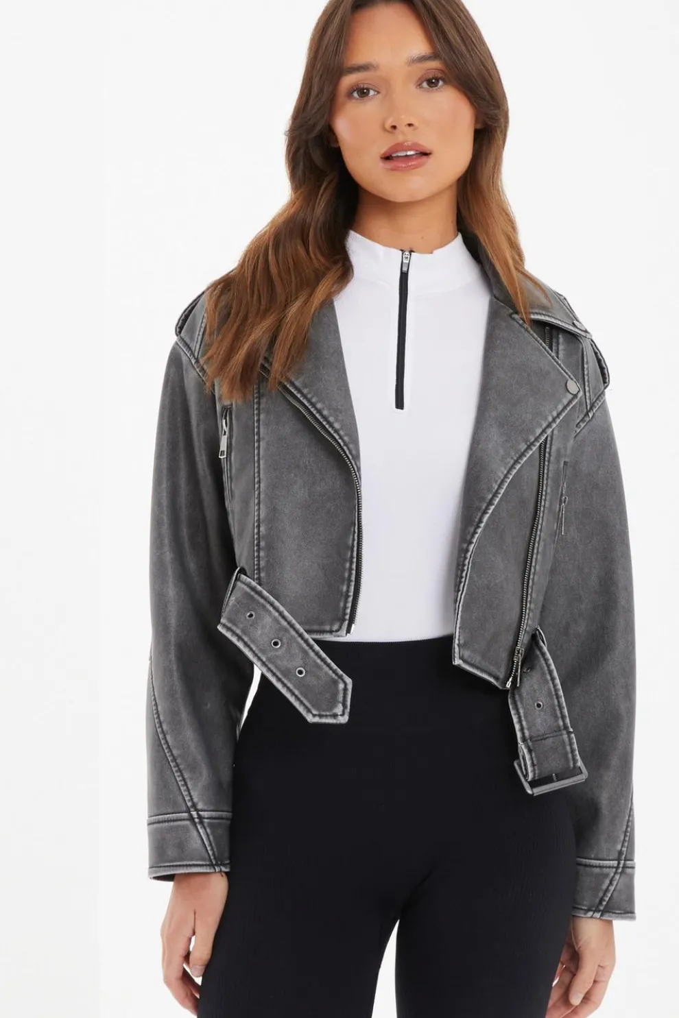 Charcoal Faux Leather Oversized Biker Jacket