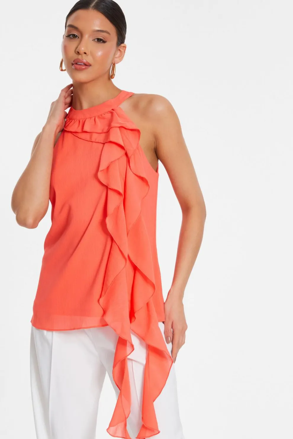 Coral Chiffon Frill Drape Top