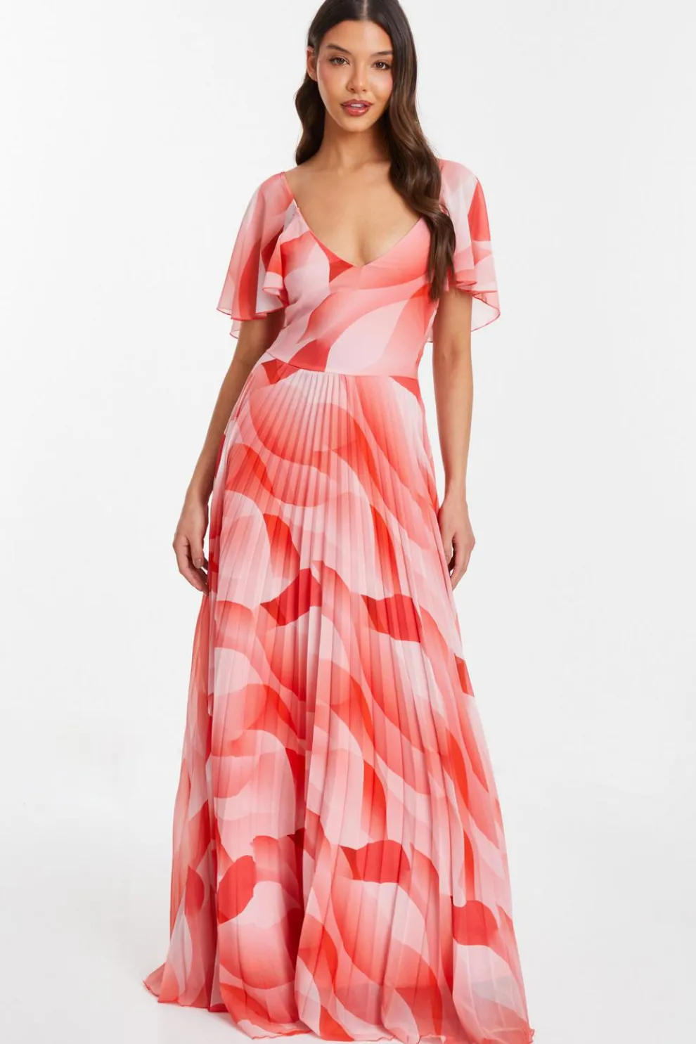 Coral Chiffon Pleated Maxi Dress