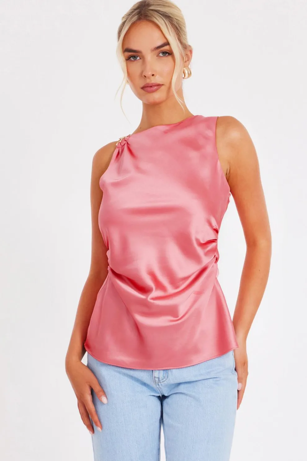 Coral Satin Buckle Top