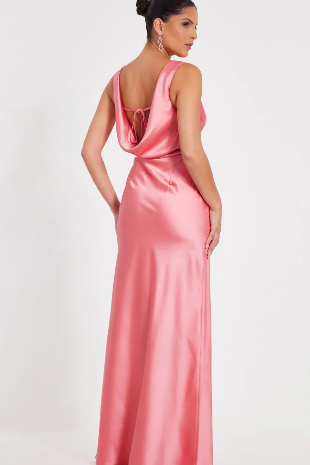 Coral Satin Cowl Back Maxi Dress