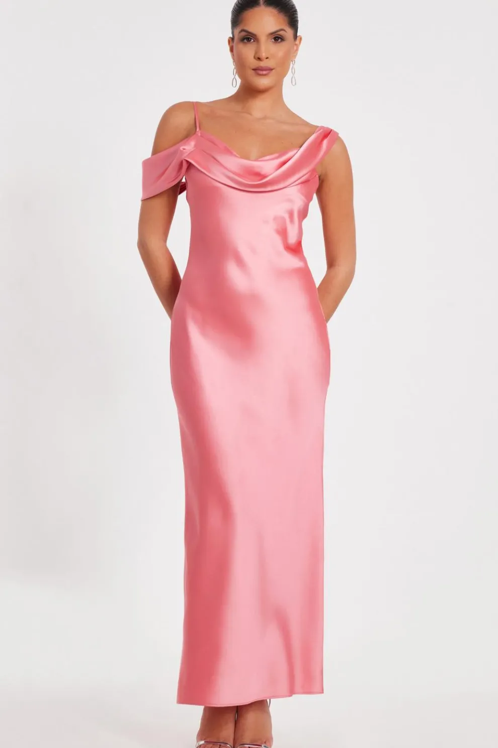 Coral Satin Drop Shoulder Maxi Dress
