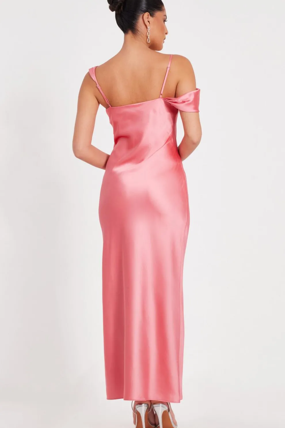 Coral Satin Drop Shoulder Maxi Dress