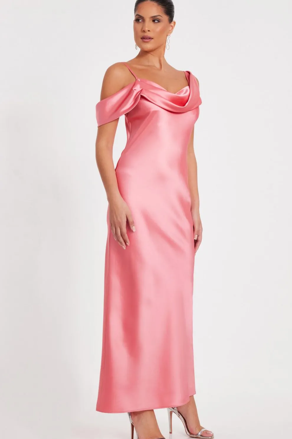 Coral Satin Drop Shoulder Maxi Dress